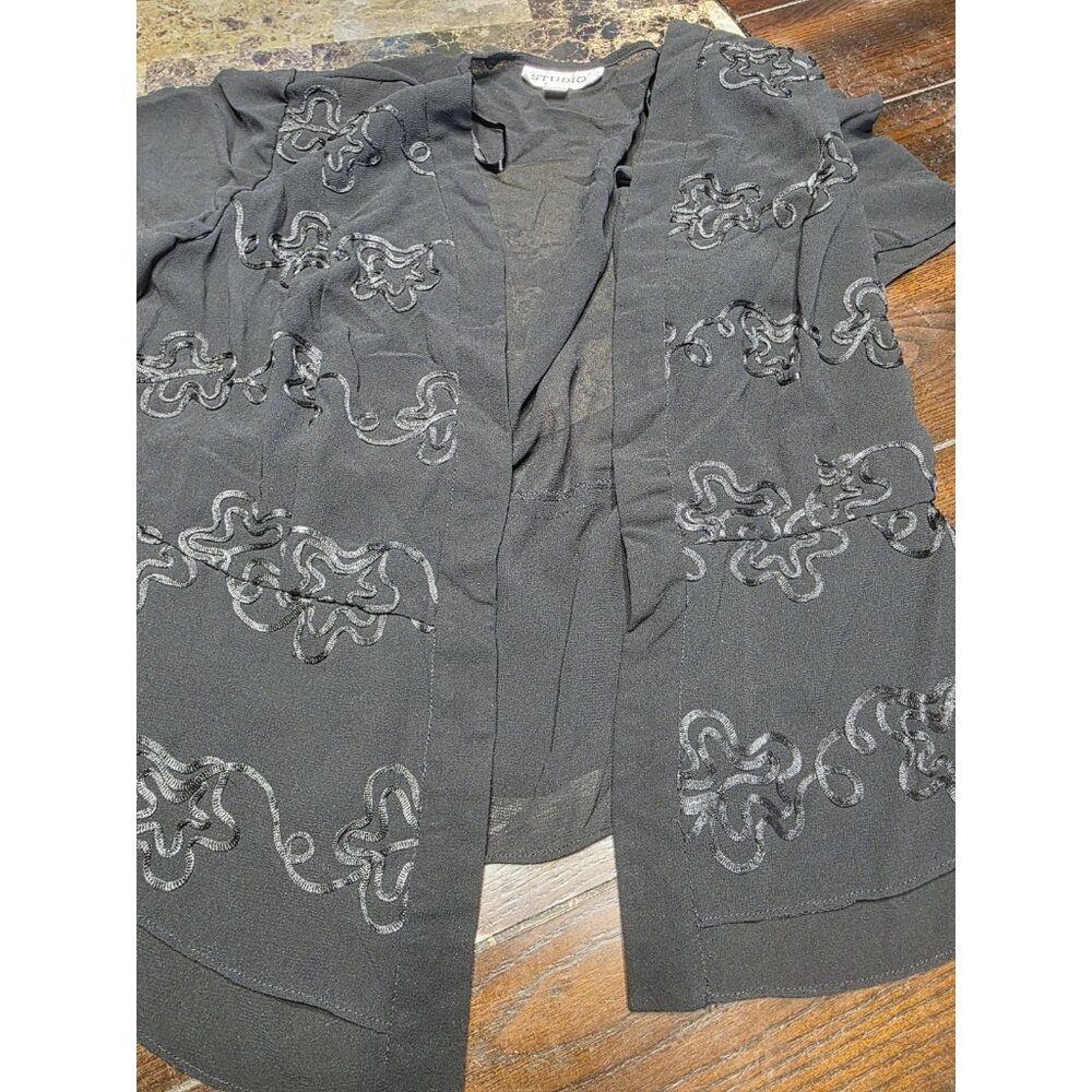 Studio I Black Embroidered Open Front Sheer Cardigan Women's 10 Vintage